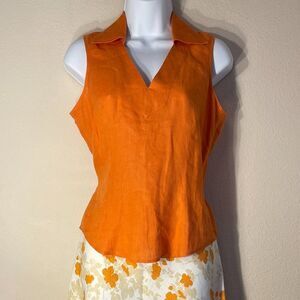 Ann Taylor Orange Linen Sleeveless Top Waist Tie Curved Hem Size 4